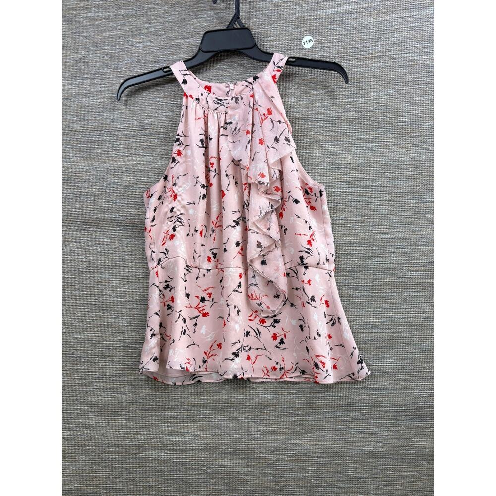 White House Black Market Floral Ruffle High Neck Blouse Size 12 Pink Sleeveless